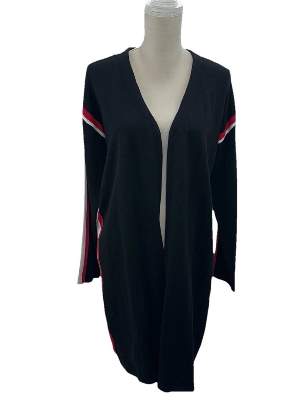 NY Collection Black Open-Front Cardigan with Red & White Stripe Accents